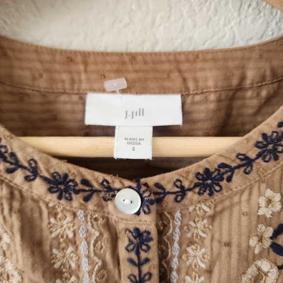 J. Jill Floral Embroidered Button Up Half Sleeve Brown Top Boho Modest Prairie S - Picture 8 of 11